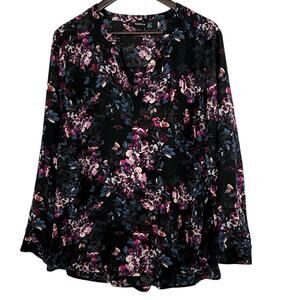 Torrid Floral Blouse Womens 1X Black Purple Sheer Long Sleeve Top Plus Size Goth